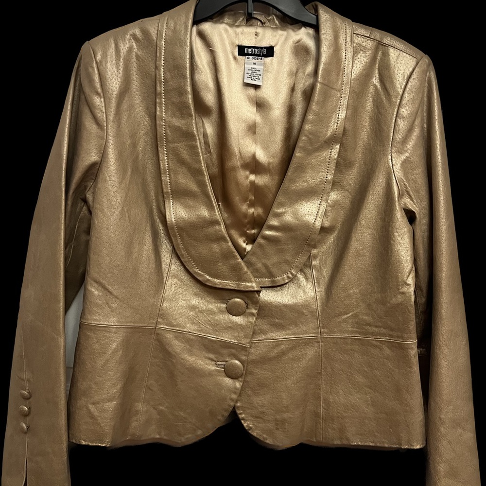 Metrostyle Leather Jacket Frosted Gold Covered Buttons Modern Moto Style Sz 16